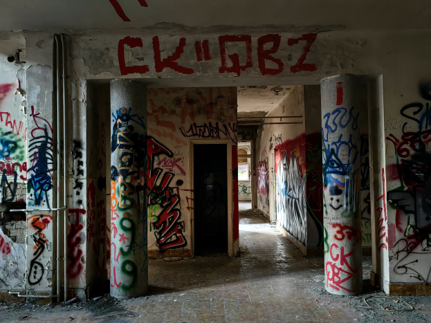 Verlassener Gebäudeinnenraum mit Graffiti an den Wänden, sichtbarer Boden, freiliegende Rohre und eine Tür im Hintergrund.