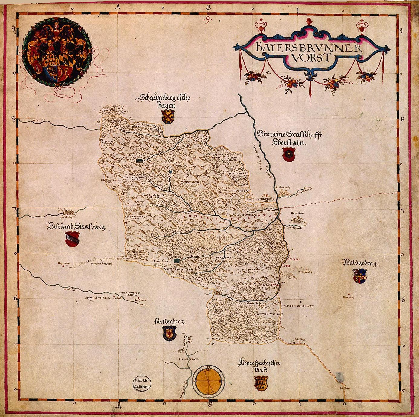 Eine Karte von Bayern aus dem 15. Jahrhundert mit Flüssen, Bergen und Städten, begleitet von Text und Logos.