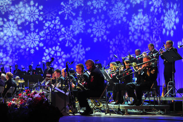 Eine Gruppe von Musikern, die auf der Bühne mit Mikrofonen, Blumenarrangements und einem Schneeflockenmuster-Hintergrund spielen.