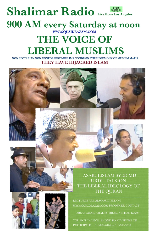 Plakat, das die Radiosendung "Die Stimme der liberalen Muslime" ankündigt, zeigt Bilder von Menschen mit Kopfhörern und Mikrofonen in einem Gespräch.