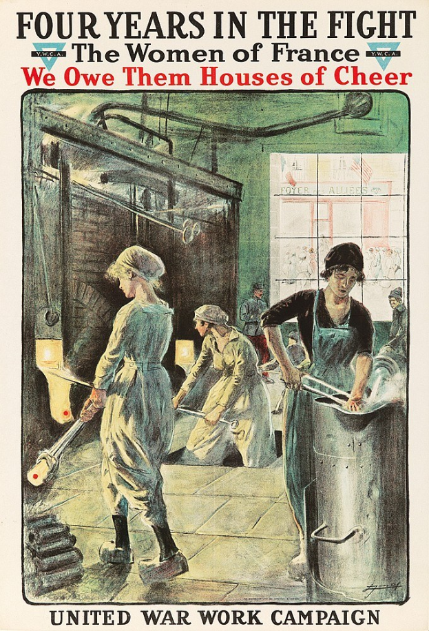 Plakat mit vier Frauen in einer Reihe mit entschlossenen Gesichtern, betitelt "Wir schulden ihnen Häuser der Freude", promotes die Stärke und Resilienz der französischen Frauen.