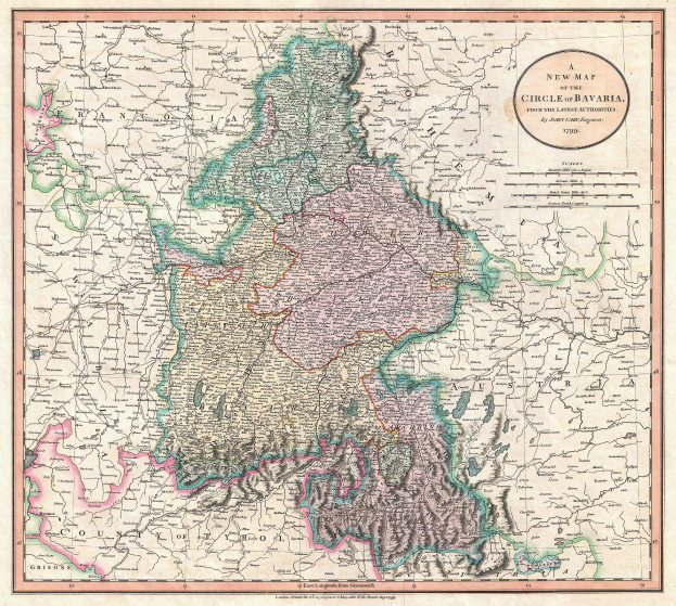 Ein gerahmtes Poster einer Landkarte von Bayern, Deutschland, mit sichtbaren Nachbarländern Deutschland und Österreich.