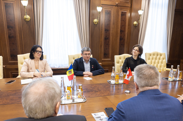 Eine Gruppe von Menschen sitzt um einen Holztisch in einer förmlichen Umgebung und ist in eine Diskussion mit EU-bezogenen Materialien vertieft, darunter Flaggen, Papiere und mobile Geräte.