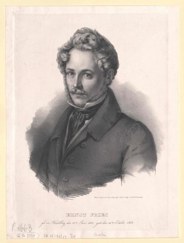 Schwarzes und weißes Porträt von Ernst Frühls, einem deutschen Komponisten und Pianisten, der einen Anzug trägt und einen Schnurrbart hat, mit ernster Miene, mit deutschem Text unten.