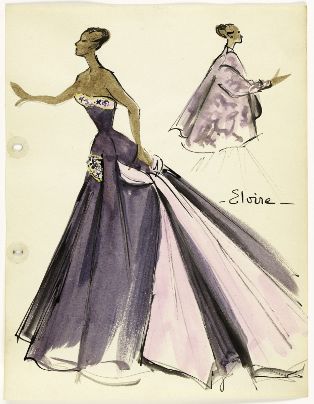 Skizze einer Frau in einem langen lila Elie Saab-Kleid mit hohem Kragen, langen Ärmeln und detaillierten Verzierungen, Haar zu einem Knoten gebunden, auf Papier mit handgeschriebener Text.