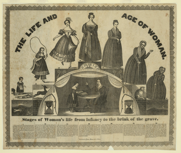 Eine bunte Papierreproduktion, die die Lebensphasen einer Frau von der Kindheit bis ins hohe Alter zeigt, mit fetter Schrift und detaillierten Elementen.