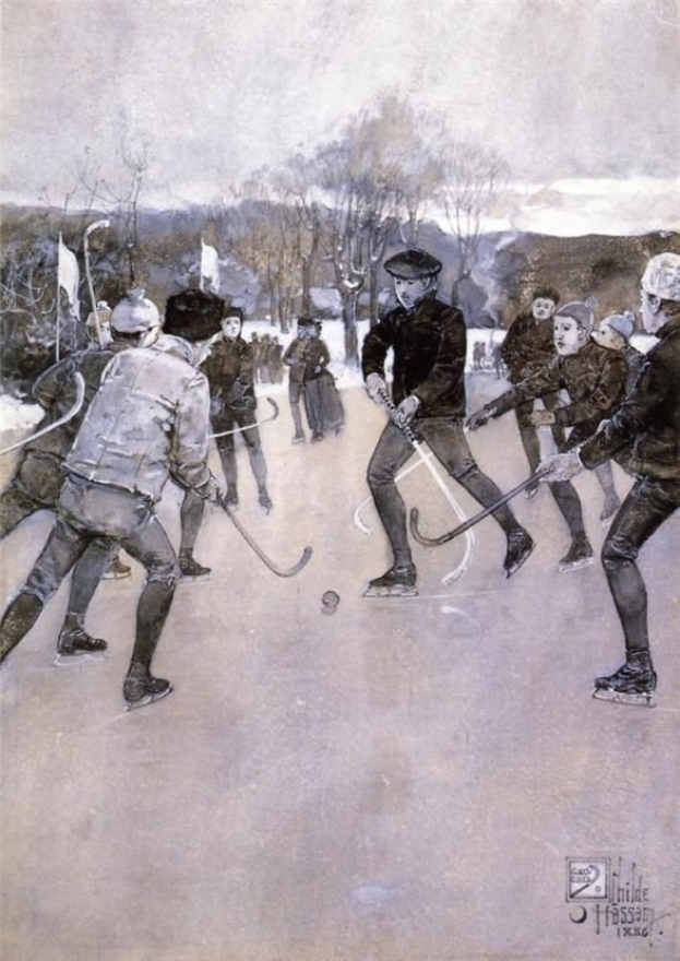Gemälde von Menschen, die Hockey auf einem Eisstadion mit einem Ball und Bäumen im Hintergrund spielen, mit Text in der rechten unteren Ecke.