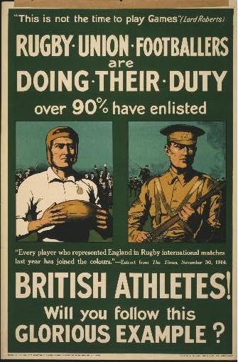 Plakat mit zwei Rugbyspielern in Uniform mit Text über britische Athleten, die ihren Dienst antreten.