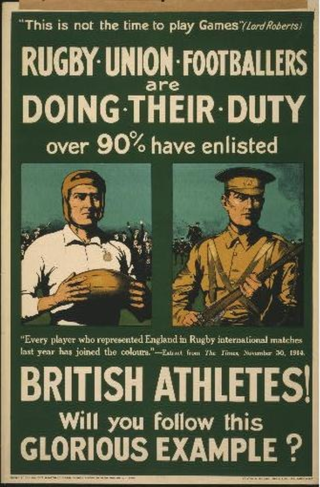 Britisches WWI-Recruiting-Plakat mit zwei Rugby-Union-Spielern in Militäruniformen und Text über Athletensoldaten.