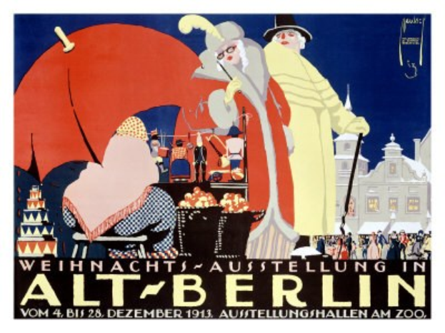 Plakat für eine Weihnachtsausstellung in Alt-Berlin mit leuchtenden Illustrationen von Menschen, Geb├Ąuden und Gegenst├Ąnden mit der ├ťberschrift "Weihnachtsausstellung in Alt-Berlin" überall.