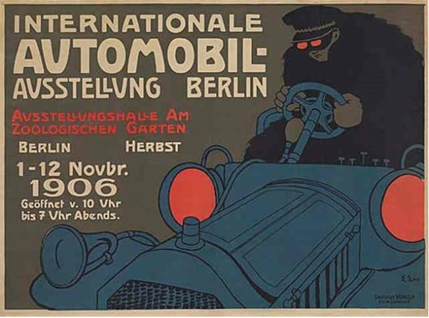 Plakat für eine internationale Automesse in Berlin mit einer Cartoon-Abbildung eines Fahrers in einem Auto mit Text.