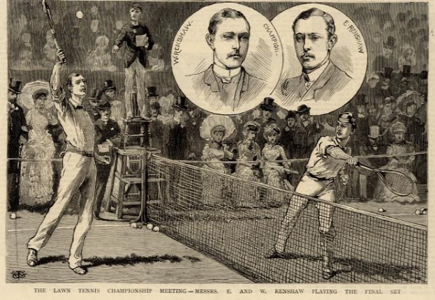 Schwarz-weiß-Zeichnung von zwei Männern beim Tennis-Spiel im entscheidenden Satz, mit Zuschauern im Hintergrund und Text unten mit der Aufschrift "The Lawn Tennis Championship Meeting - Messers, E und W Renshaw im entscheidenden Satz."