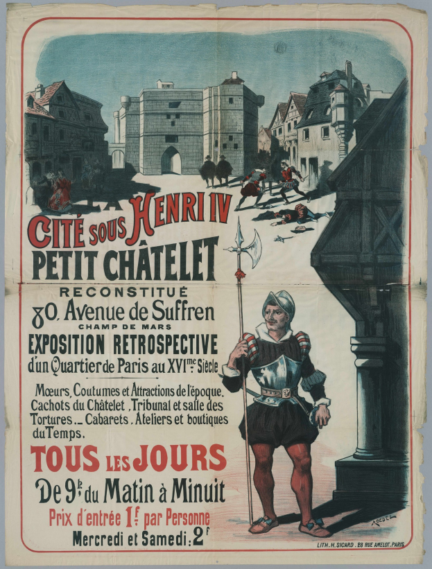 Plakat für ein Pariser Festival mit einer Person, die einen Stock hält, umgeben von Gebäuden, Menschen und Himmel, mit Text zu den Festivaldetails.