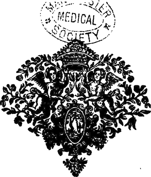Schwarzes und weißes medizinisches Gesellschaftslogo mit einem Schild, das ein zentrales Kreuz zeigt, von einem Lorbeerkranz umgeben und mit einer Krone gekrönt, mit der Aufschrift "Medizinische Gesellschaft" in fetter weißer Schrift.