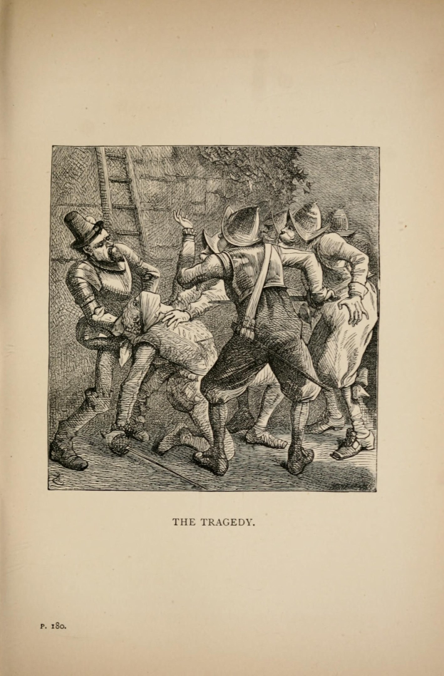 Offenes Buch mit einer Skizze von verzweifelten Menschen unter dem Titel 'Die Tragödie'.