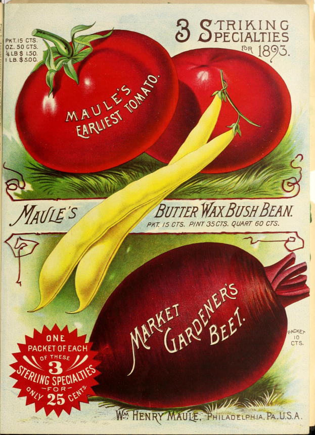 Ein Vintage-Plakat mit leuchtend bunten Gemüsen wie Tomaten und Rüben in einer überlappenden Anordnung, mit der Überschrift "Marktgärtner's Beet" in fetter Schrift oben.
