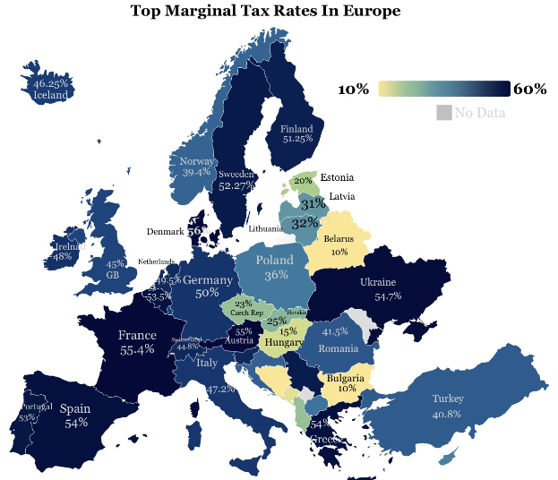 Eine Europakarte mit Farben, die die höchsten Grenzsteuersätze in jedem Land anzeigen, mit der überschrift "Höchste Grenzsteuersätze in Europa."