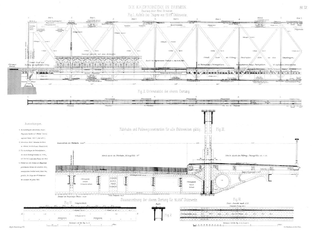 Ein detailliertes Bild einer Brücke mit der Bezeichnung "Kaiserbrücke in Bremen" und begleitendem Text auf dem Papier.