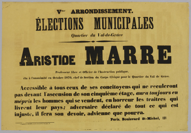 Plakat mit dem Text 'Elections Municipales Aristide Marre' auf einem weißen Hintergrund.