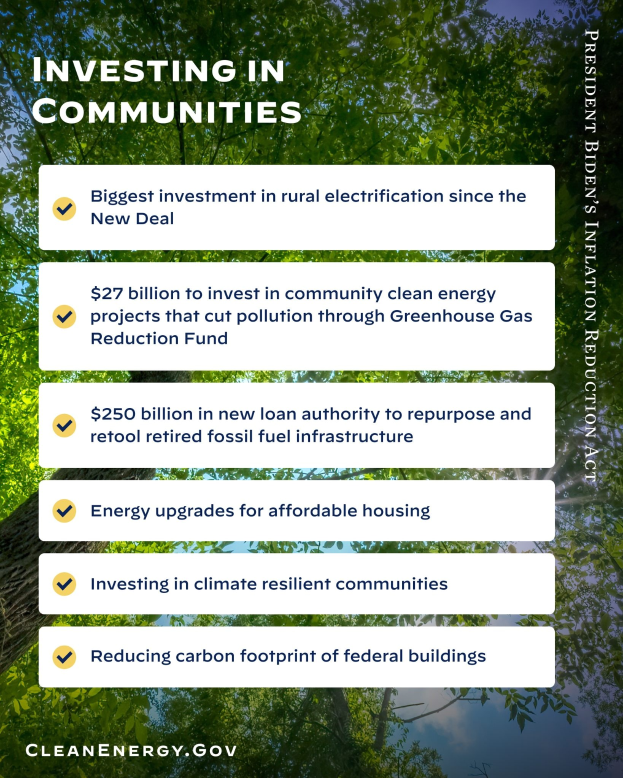 Plakat mit Bäumen und Himmel im Hintergrund, mit dem Text "Investing in Communities: Größte Investition in ländliche Elektrizität seit dem New Deal".