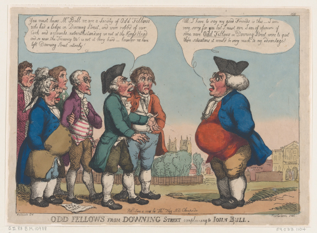 Zeichnung von Menschen, die vor einem Gebäude mit Bäumen und Himmel stehen, beschriftet mit 'odd fellows from downing street complaining to John Bull' unten.