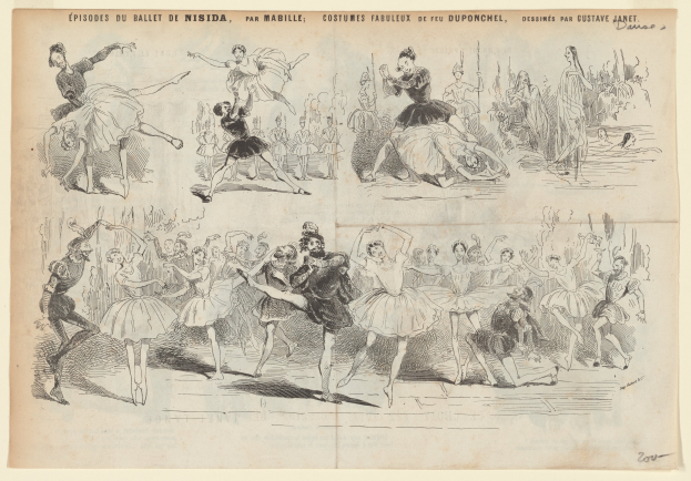 Ein Bild aus einem Buch mit einer lebendigen Zeichnung von Menschen, die im Einklang tanzen, begleitet von Text, der die Einzelheiten des Ereignisses beschreibt.