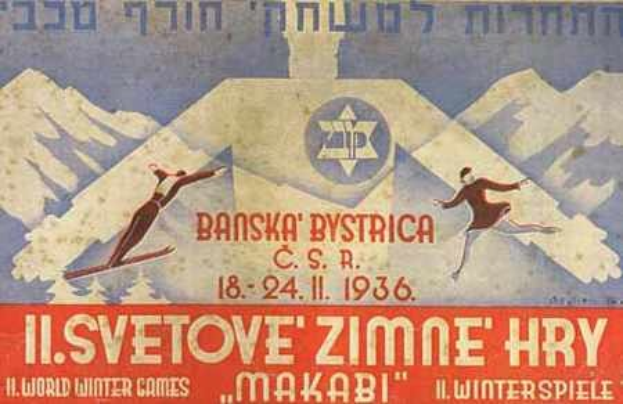 Plakat für die 1936er Weltmeisterschaften in Maksabi mit zwei Skifahrern im Vordergrund und Bergen im Hintergrund sowie Texteventdetails.