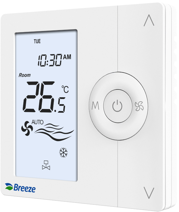 Weißer digitaler programmierbarer Thermostat mit der Beschriftung "breeze digital programmierbare Thermostate" auf einem weißen Hintergrund.