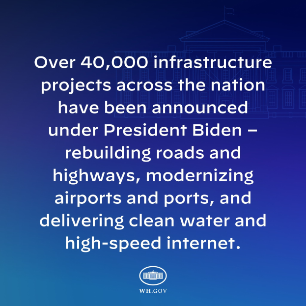 Blauer Hintergrund mit weißer Schrift, die besagt "über 40.000 Infrastrukturprojekte wurden bundesweit unter Präsident Biden angekündigt" in der Mitte des Bildes und ein Logo unten.