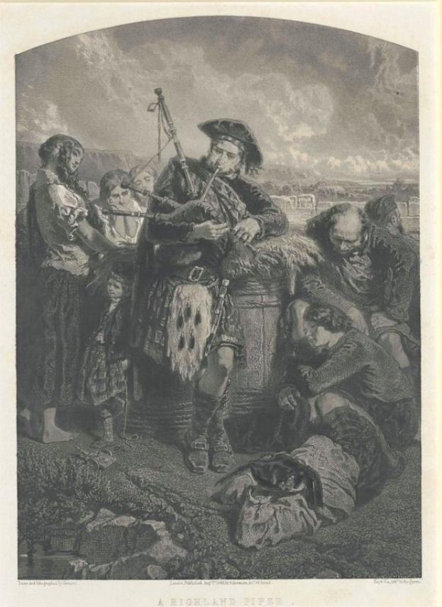 Schwarze und weiße Gravur eines Mannes, der eine Dudelsack vor einer Gruppe von Menschen unter einem bewölkten Himmel spielt, mit dem Text "Ein Highland-Pfeifen" unten.