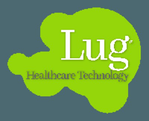 Logo der Lug Healthcare Technology, mit fettem schwarzen Text in der Mitte eines blauen und weißen Kreisdesigns auf einem weißen Hintergrund.