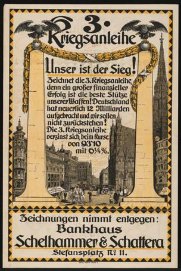 Altes deutsches Propagandaplakat für die 3. Reichsbanleihe gerahmt in einem Fotorahmen, zeigt eine Stadtlandschaft mit Gebäuden, Menschen und Text.