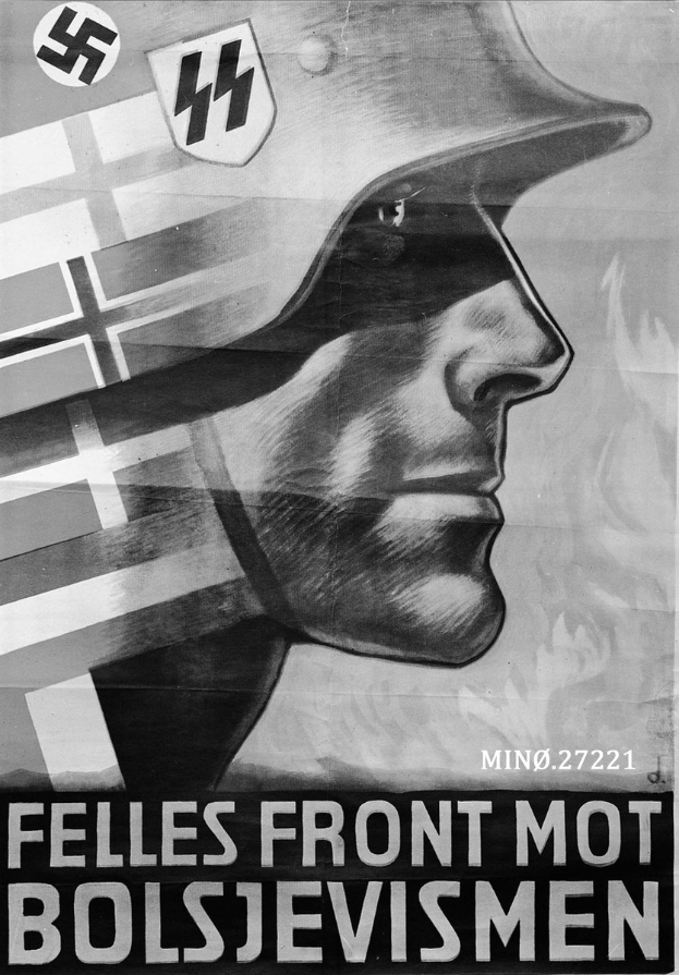 Schwarz-weiß-Propagandaplakat mit einem Mann in einem Helm mit Nazi-Symbol und Text.