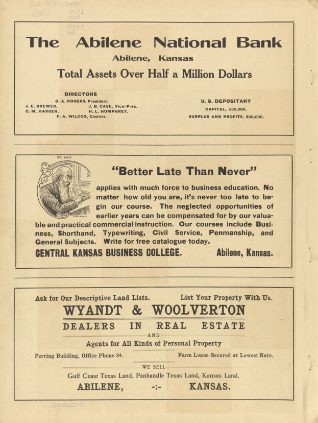 Schwarze und weiße Zeitungsanzeige für die Abilene National Bank mit einem zentralen Porträt und Text, der Bankdienste beschreibt.