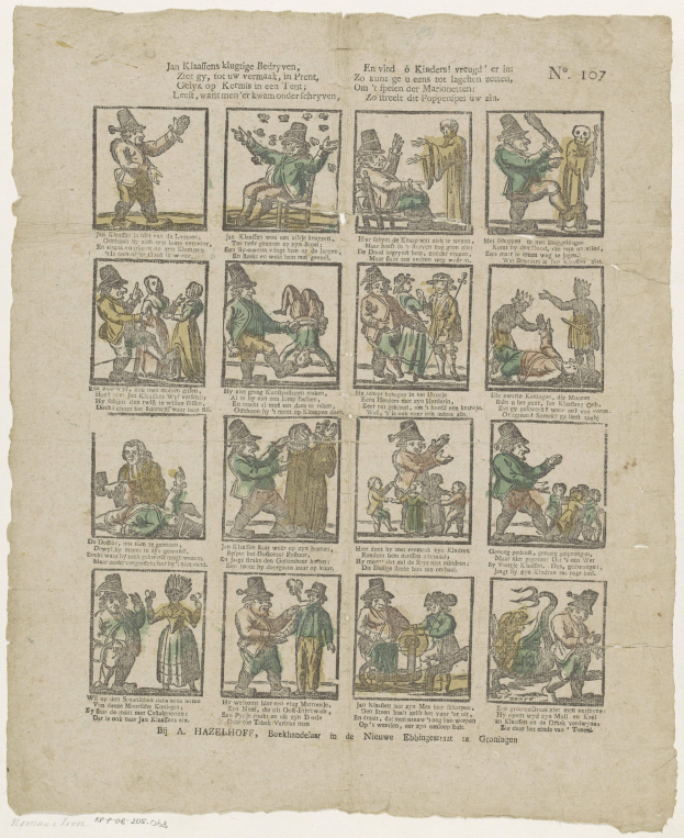 Illustration eines Mannes mit Hut und einer Frau in einem Kleid in einer heftigen Diskussion, umgeben von Text und kleineren Bildern auf einer Buchseite.