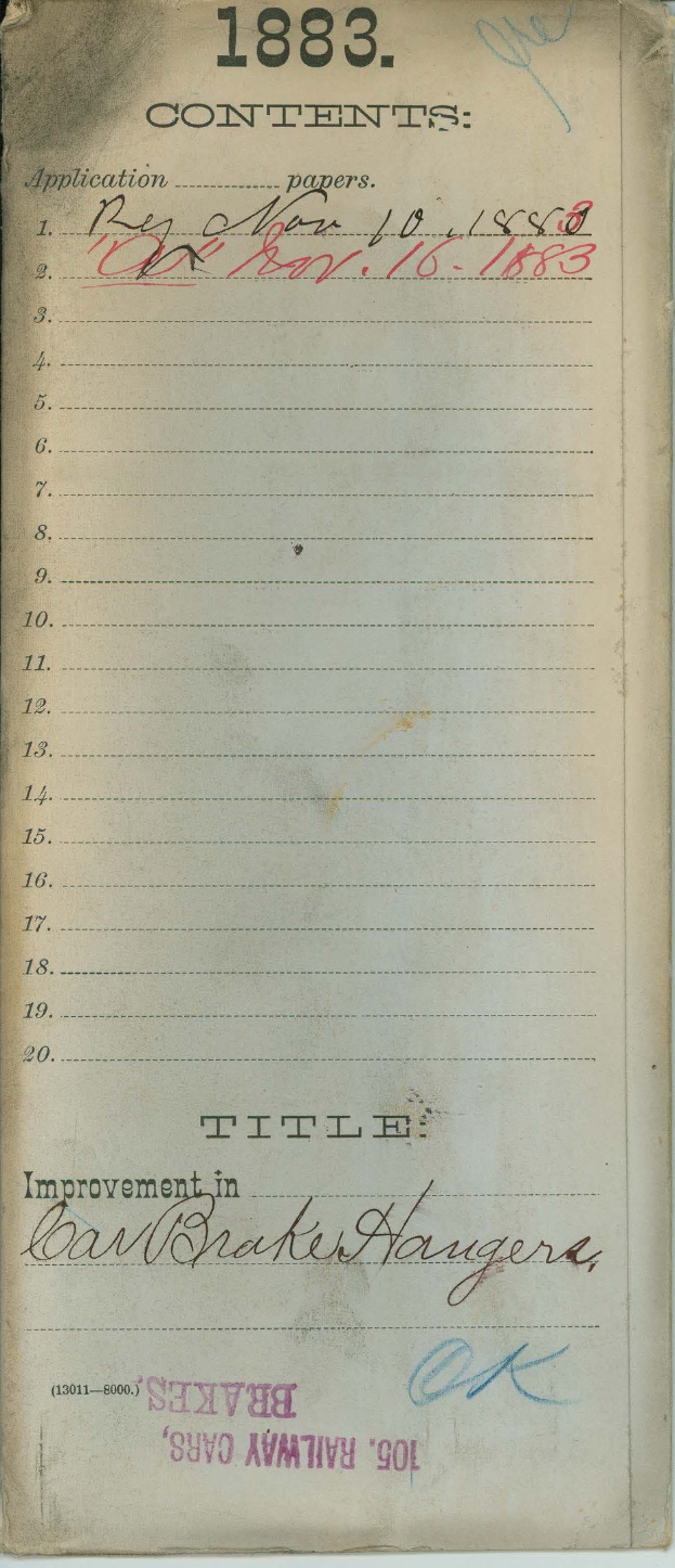 Offenes Buch mit einer 1883-Liste von Verbesserungen für Bremser's Eisenbahnwagen.