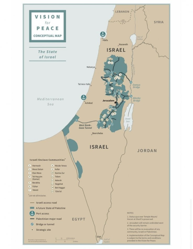 Plakat mit der Aufschrift "Vision für Friedenskonzept-Karte" mit einer farbcodierten Karte Israels und fetter schwarzer Schrift oben.