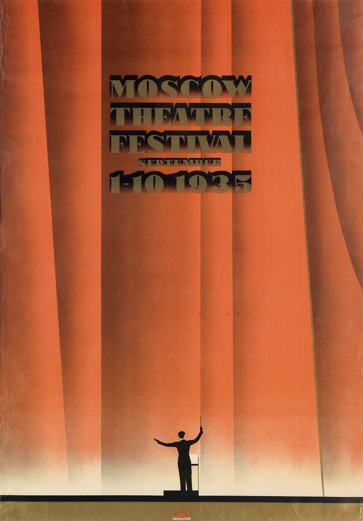 Plakat für das Moskauer Theaterfestivals 1935 mit einer Person vor einem Vorhang