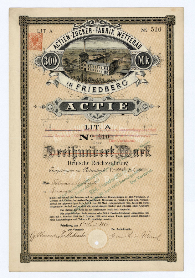 Altes deutsches Wertpapier mit einer Gebäudeillustration und Text, das wahrscheinlich den Besitz von Aktien anzeigt.