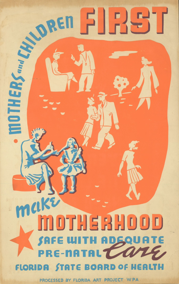 Plakat mit dem Text "Machen Sie die Mutterschaft mit ausreichender Voruntersuchung sicher" in Weiß auf einem hellblauen Hintergrund, das verschiedene lächelnde Menschen unterschiedlichen Alters, Geschlechts und Ethnien zeigt.