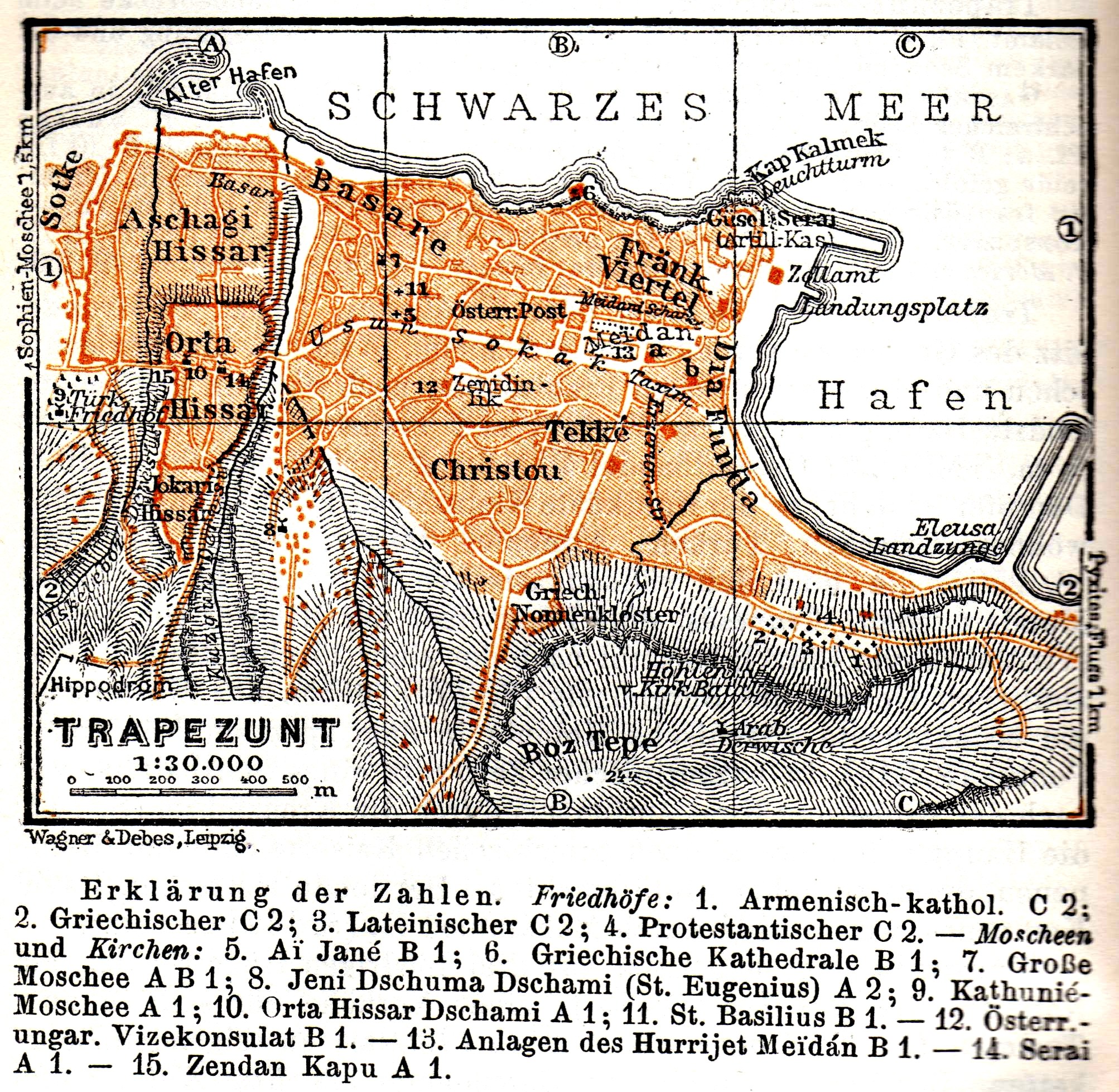 Detailiertes altes Stadtplan von Trapezunt, Deutschland, mit Straßen, Gebäuden und Sehenswürdigkeiten mit beschreibendem Text.