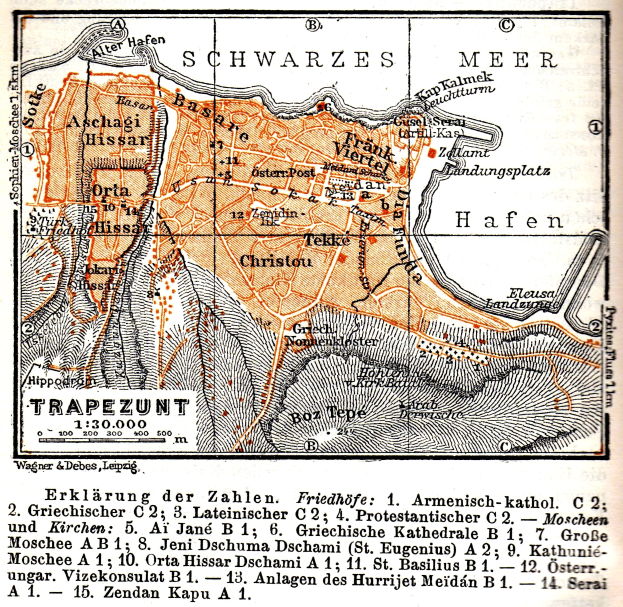 Detailiertes altes Stadtplan von Trapezunt, Deutschland, mit Straßen, Gebäuden und Sehenswürdigkeiten mit beschreibendem Text.