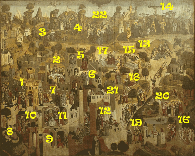 Gemälde einer Stadtlandschaft mit Menschen, Gebäuden, Bäumen und einem zentralen Kalender mit Zahlen.