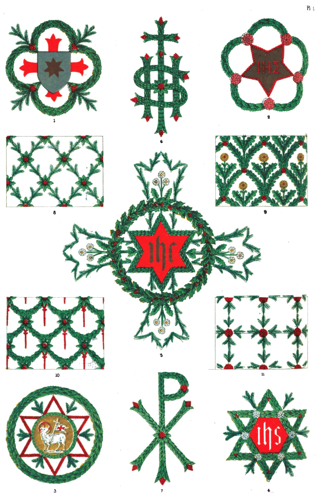 Ein Buchseite mit verschiedenen kunstvoll gestalteten Weihnachtsgestecken mit einzigartigen Mustern, Farben und festlichen Text in einer weihnachtlichen Schriftart.