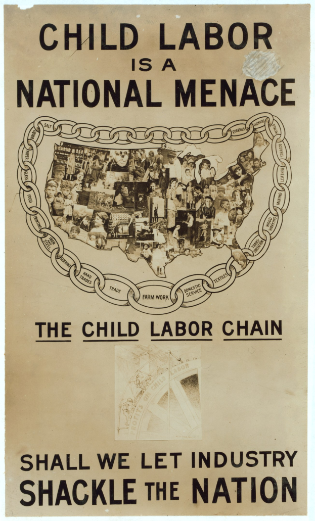 Plakat mit der Aufschrift 'Kinderaertz ist eine nationale Geisel - Sollen wir die Industrie das Land fesseln lassen' in fetter schwarzer Schrift auf einem weißen Hintergrund, das eine vielfältige Gruppe von Menschen zeigt, die gemeinsam stehen.