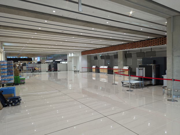 Großes Flughafen-Terminal mit verstreutem Gepäck, Gepäckwagen, Kartons, Absperrpoller mit Bändern, Säulen, wandmontierten Fernsehern und Deckenleuchten, wahrscheinlich im Check-in-Bereich.