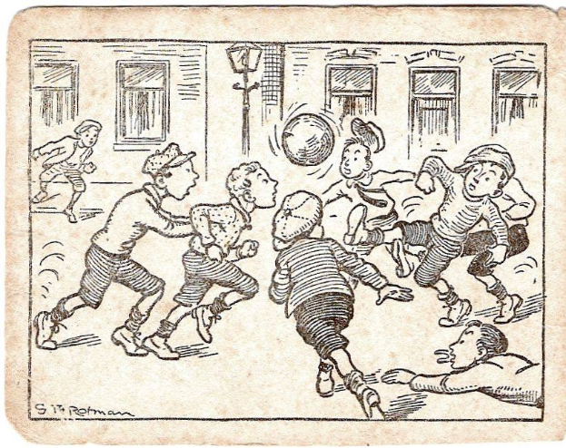 Eine Zeichnung von Kindern, die vor einem Gebäude mit Fenstern und einer Laterne Fußball spielen, mit dem Text 'S.T. Rothman - Fußball' unten.