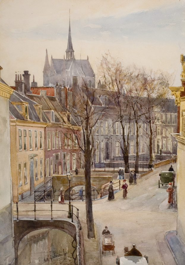 Stadtstraßenbild mit Kirche im Hintergrund, mit Gebäuden, Bäumen, Menschen, Karren, Brücke und einem bewölkten Himmel.