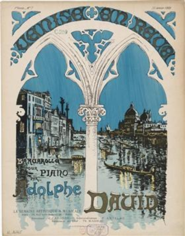 Plakatankündigung eines Klavierkonzerts in Venedig, Italien, mit einem Bild von Gebäuden, Wasser und einer Säule sowie Text.