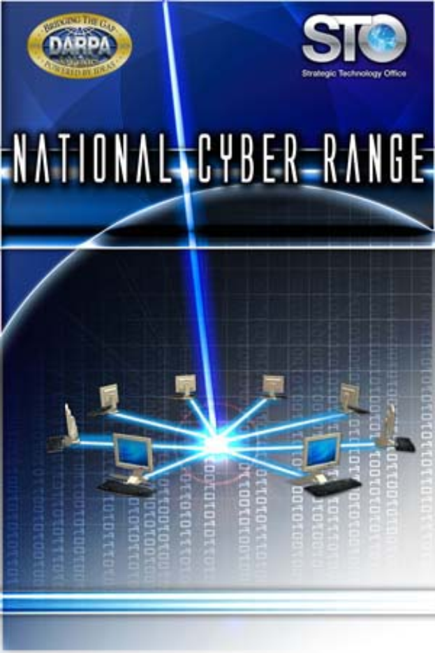 Ein Plakat mit 'National Cyber Range' in fetter weißer Schrift auf blauem Hintergrund, das eine Weltkugel mit mehreren angeschlossenen Computern zeigt.
